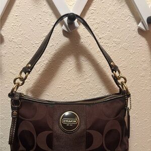 Coach Brown Signature Canvas Small Handbag With Gold Detial